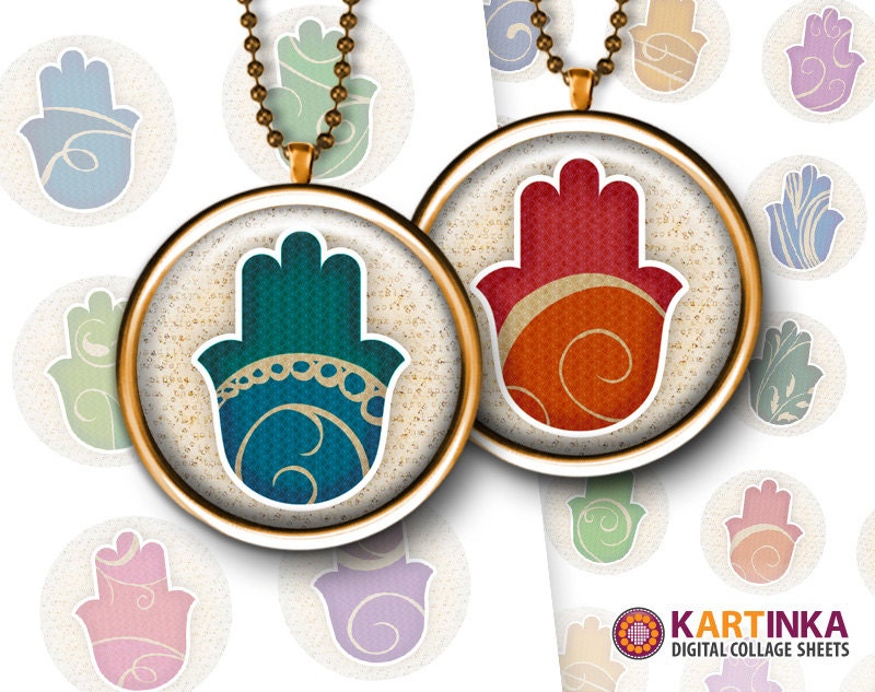 HAMSA TALISMAN - 1 inch circles -  Digital Collage Sheet - Printable Download - for pendants magnets (available 1.5x1.5 inch & 7/8x7/8 inch)