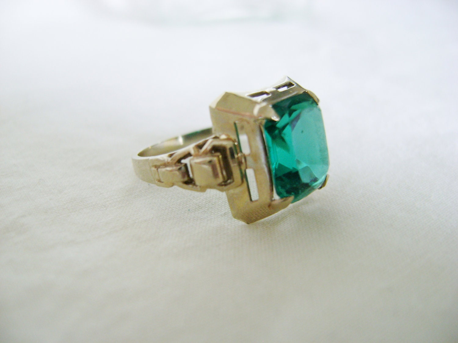 Antique 14K Gold Ring - Faux Emerald 1930s Costume Art Deco Original Box