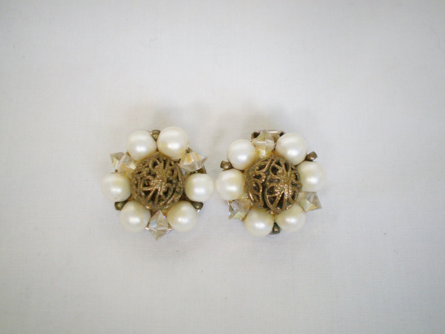 Vintage Beaded Earrings - 1960s Faux Pearl Cluster Bead Filigree Brass Beige Clip On