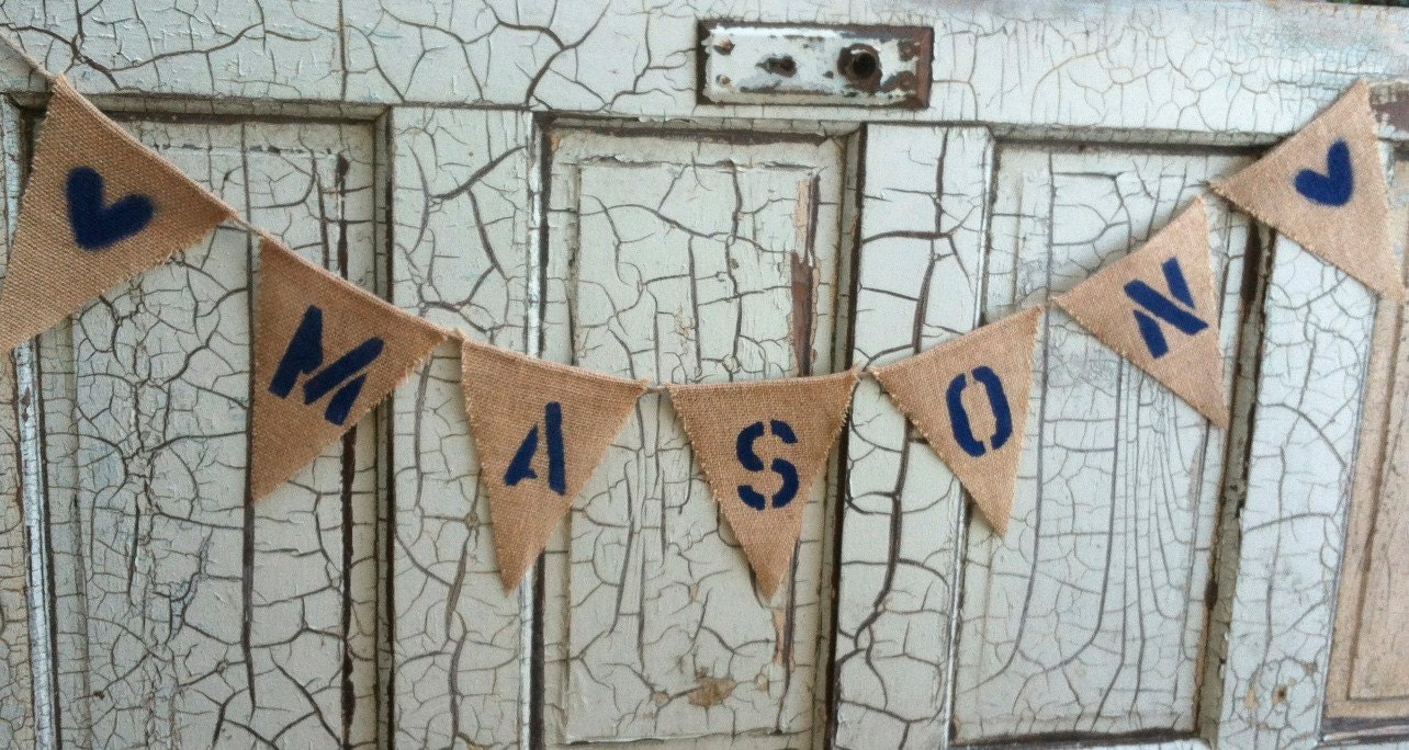 CUSTOM Baby Name Burlap Pennant Banner -  shower decor - photo prop - welcome baby -its a boy
