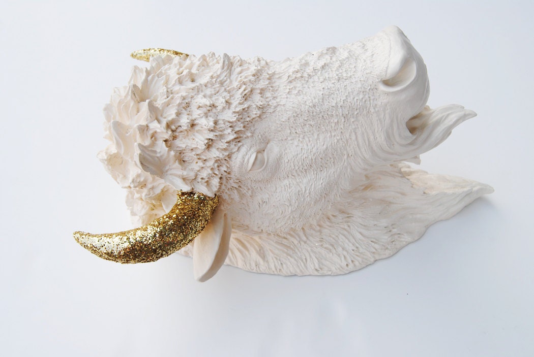 Faux Bison - The Kersey - Antique White Resin Bison Head w/Gold Glitter Horns- Buffalo Resin Antique White Faux Taxidermy- Chic & Trendy