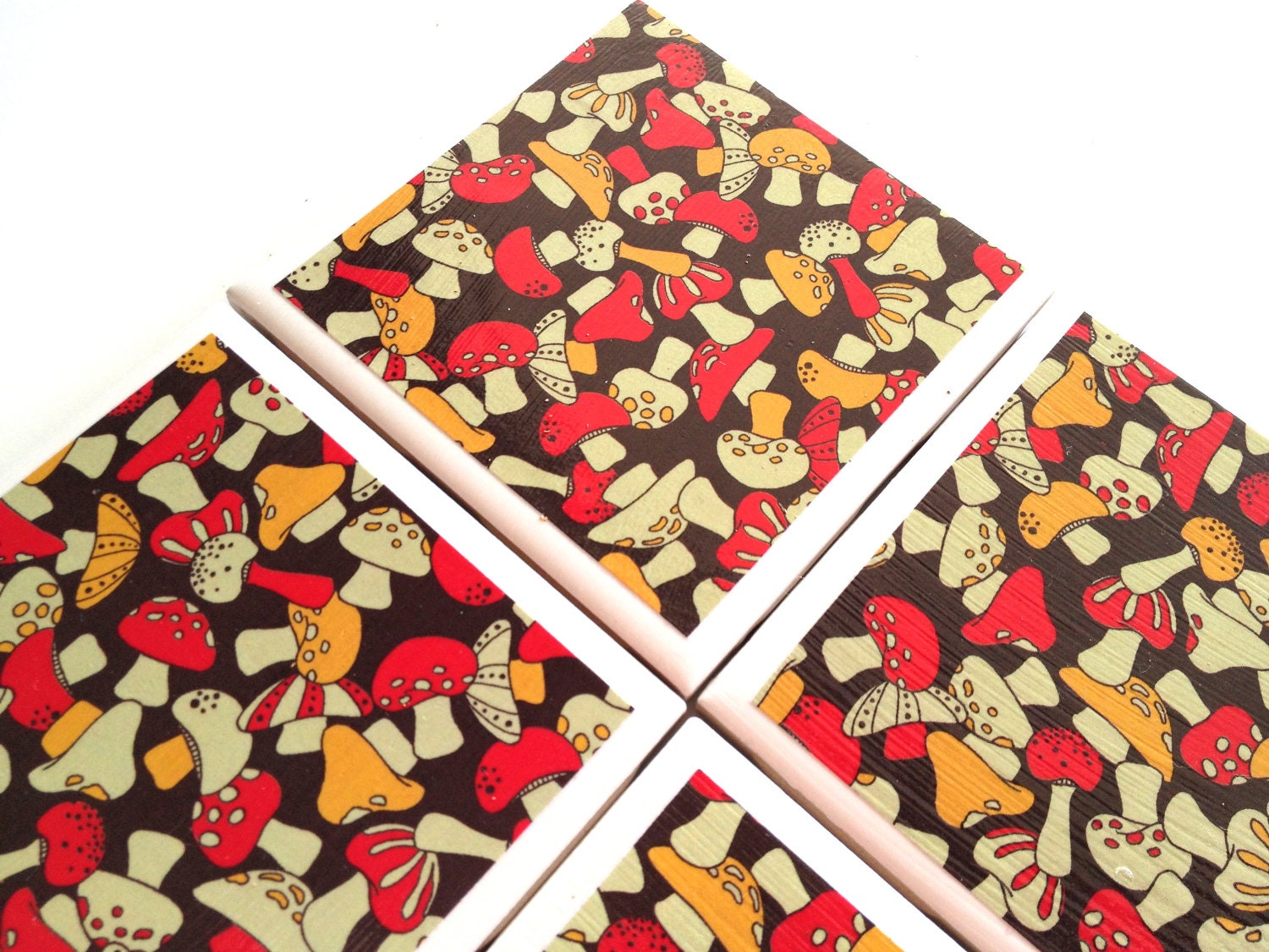 Mushroom Tile Coasters, Fall Home Decor, Trippy Mushroom Art, Ceramic Tile Coasters, Retro Home Decor