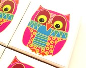 Pink Owl Coasters, Ceramic Tile Coasters, Sharon Turner, Owl Scarf, Winter Home Decor