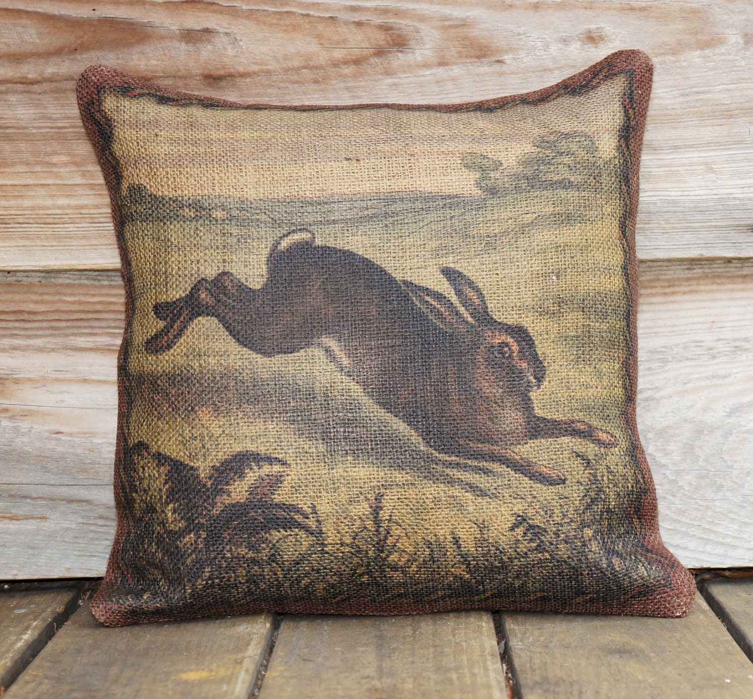 Items similar to Bunny Pillow Cover, Woodlands Throw Pillow, Rustic Cushion, Burlap, Jute ...