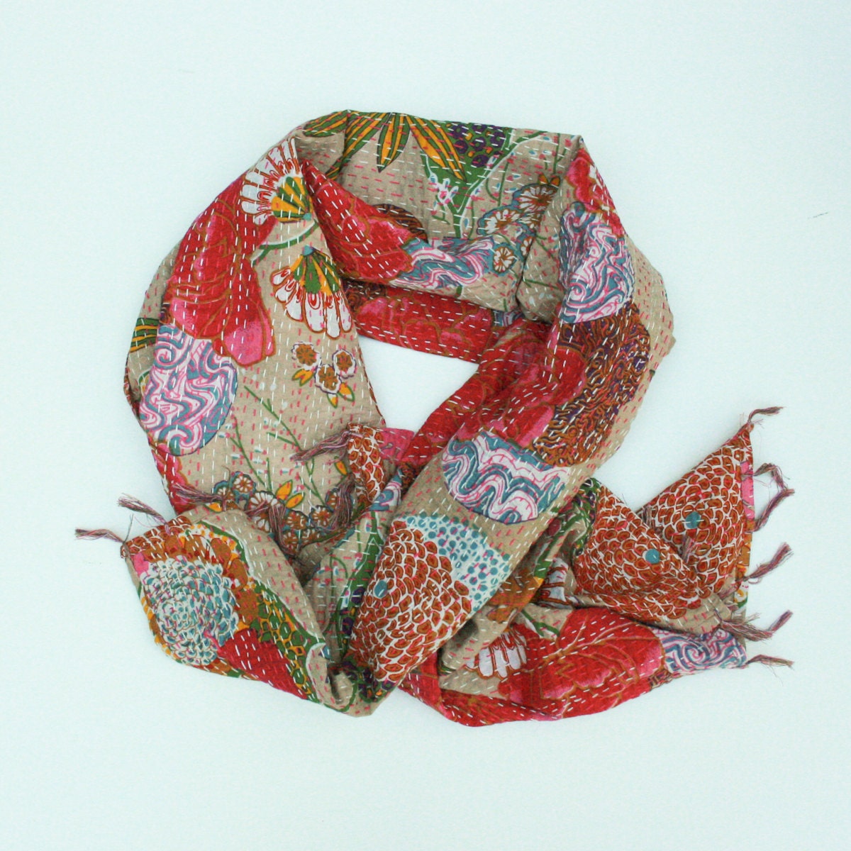 SALE - Floral Scarf in Beige - Hand Stitched