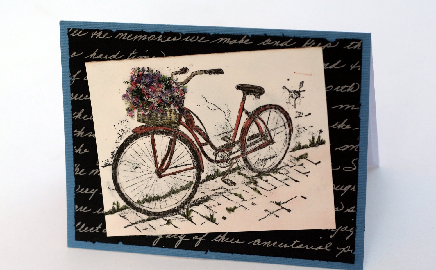 Flower basket note card, vintage bicycle greeting card, wildflowers, hand stamped blank card, birthday cards, notecards