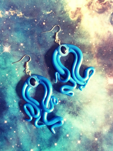 Blue tentacle Cthulhu eyes earrings