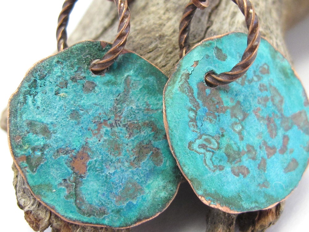Hammered Copper Earrings Patina Verdigris Blue Green, Small Round, Dark Brown Copper Earwires, ER0180