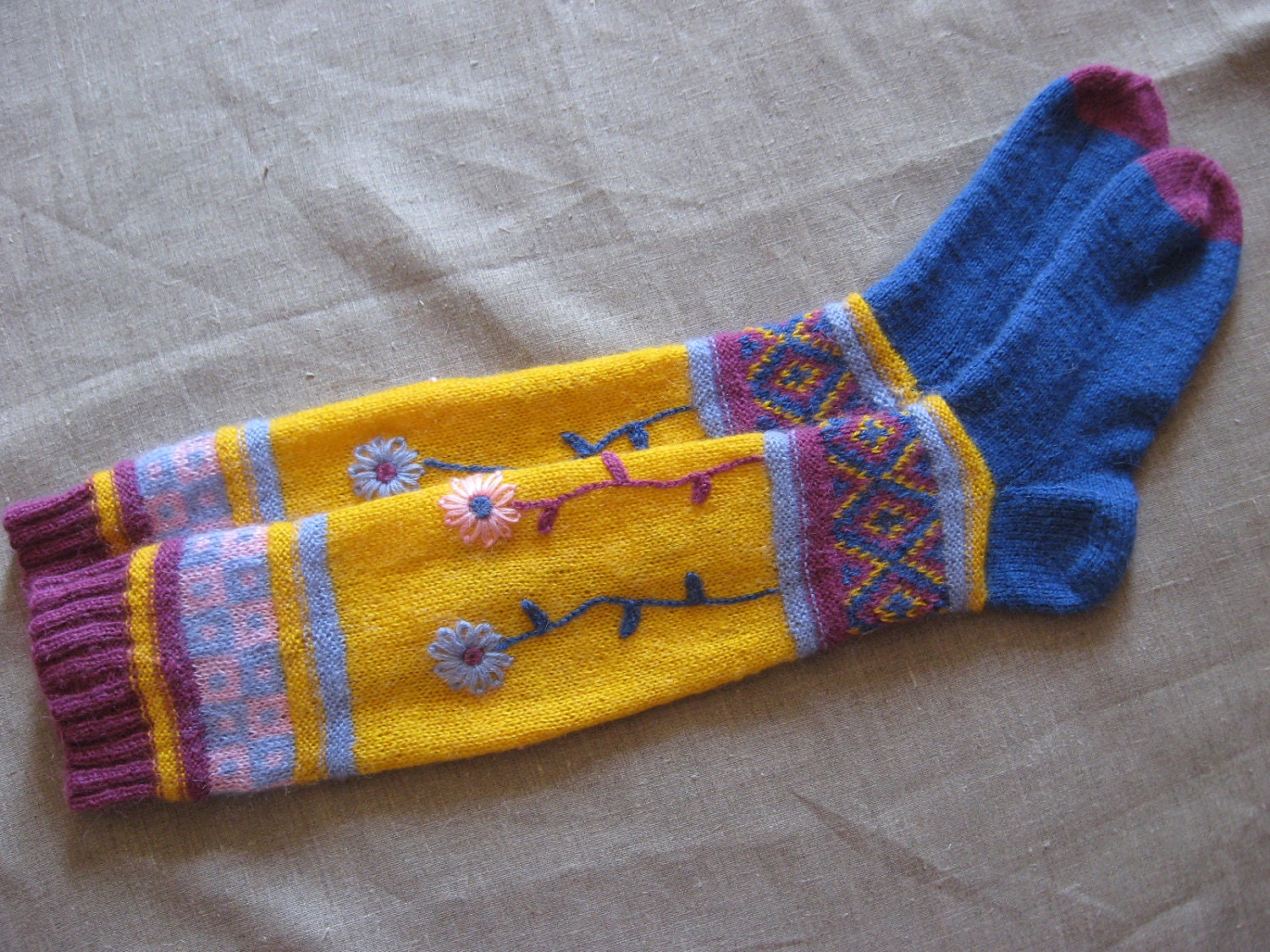 Knee socks hand knit in bright colors with flowers - Black Friday Etsy Cyber Monday Etsy