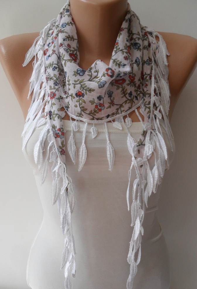 Mother's Day - White and Flowered Scarf with White Trim Edge - Summer Colors - New