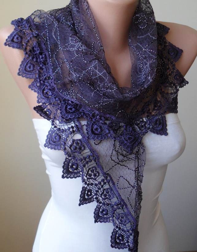 Mother's Day Gift - Elegant Purple Lace Scarf with Purple Trim Edge - Silvery