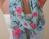 Gift - New - Infinity - Circle -  Loop Scarf - Light Blue Scarf with Pink Flowers - Chiffon Fabric