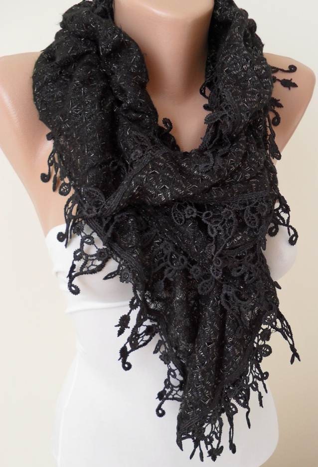 Mother's Day -Black - Wool - Fabricknitted Wool Fabric Scarf with Lace Trim Edge - with Golden Sequins