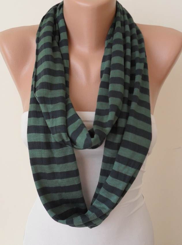 Mother's Day - Green Striped Infinty - Circle -  Loop Scarf - Combed Cotton Fabric