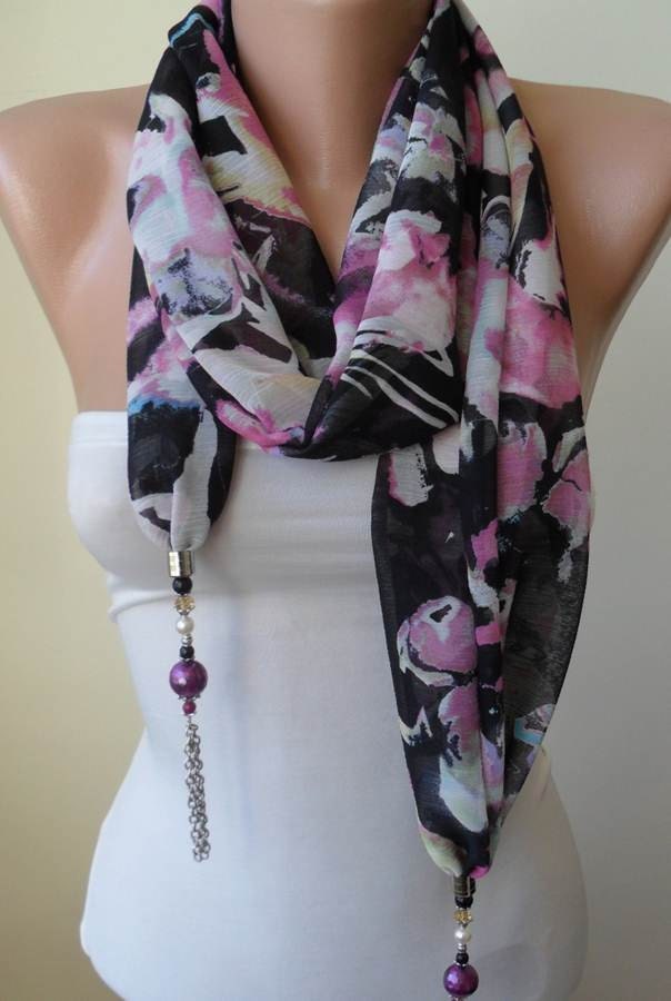 New Scarf - Gift - Necklace - Jewelry Scarf - Pink and Black Chiffon Fabric - with Beads and Chain - Trendy - Fashion