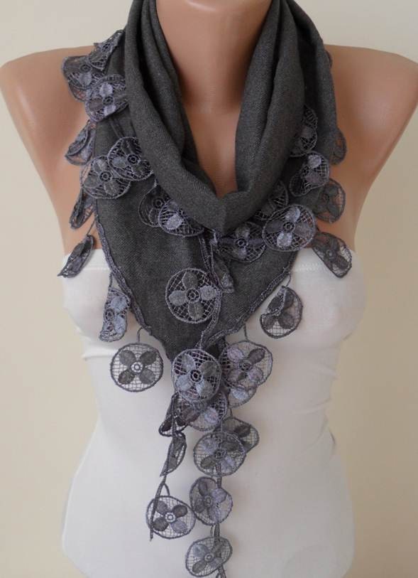 Mother's Day Gift - Gray Pashmina Scarf with Gray Lace Trim Edge