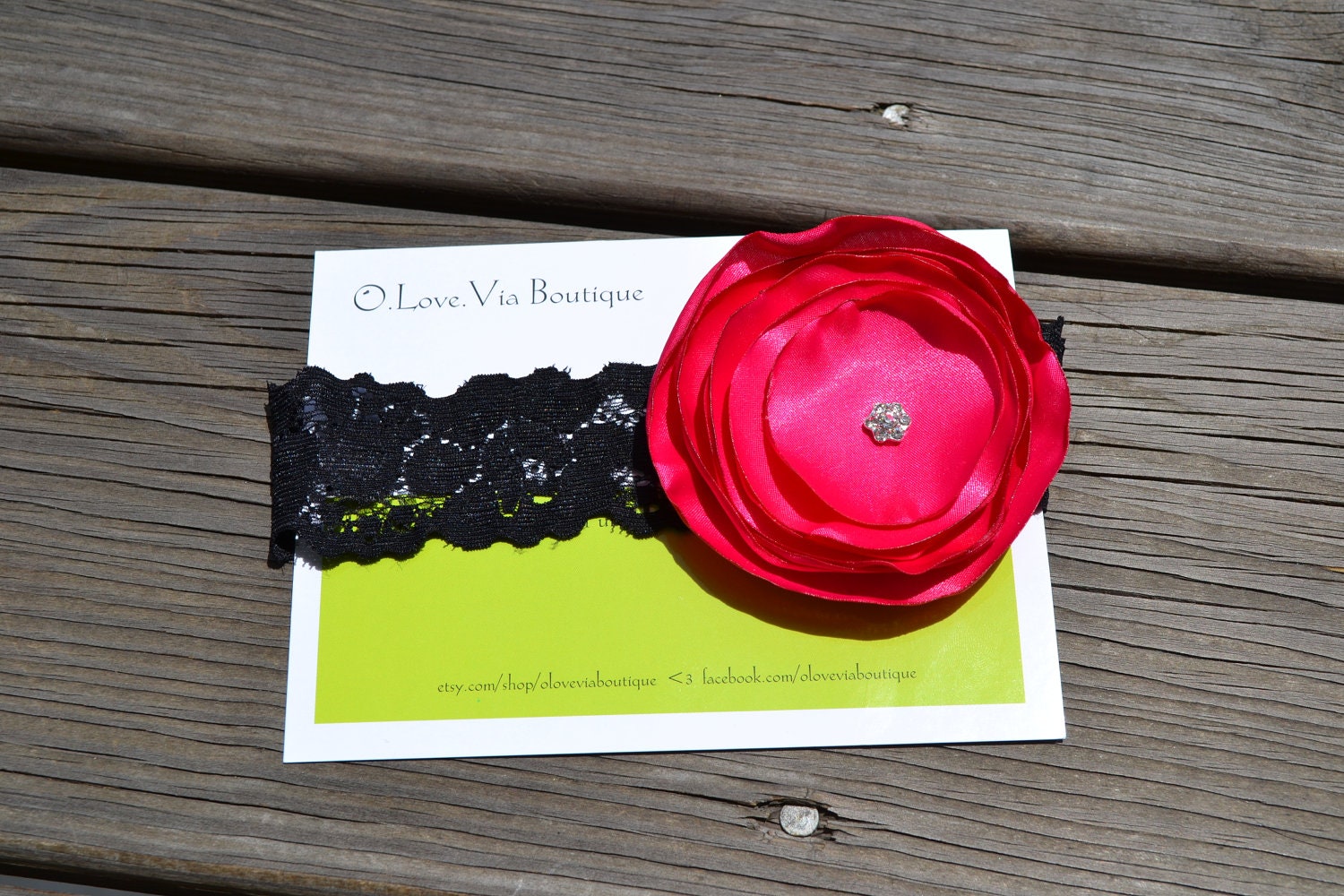Black Lace Baby Headband - Hot Pink Rosette with Crystal - Baby Photography - Newborn to Adult