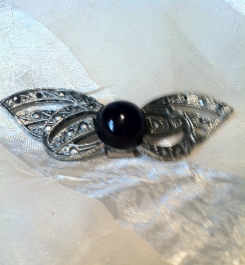 Vintage Collar Brooch Onyx & Marcasite Victorian Art Nouveau Estate Jewelry