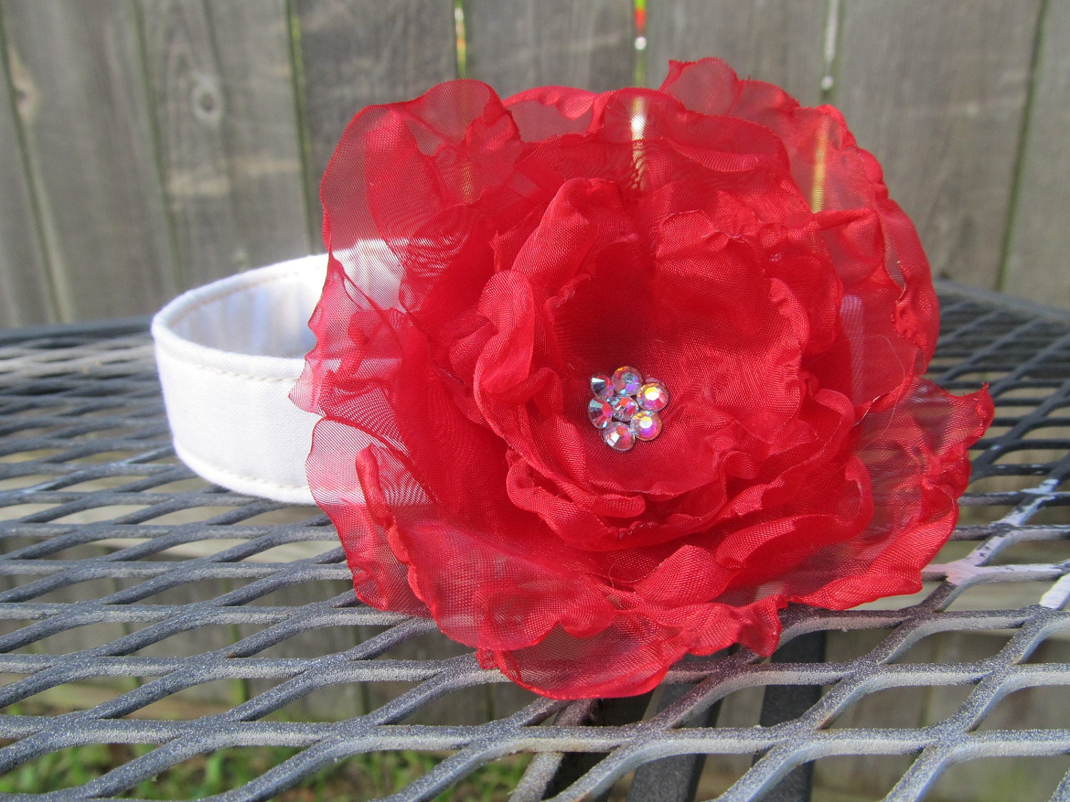 Dog Collar and Flower - MADE TO ORDER White Wedding Collar and Red Organza Flower with Swarvoski Crystal accents