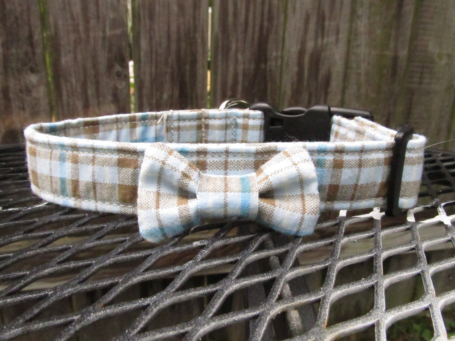 Dog Collar - MADE TO ORDER Fall Blues Blue and Brown Plaid Collar and Bowtie