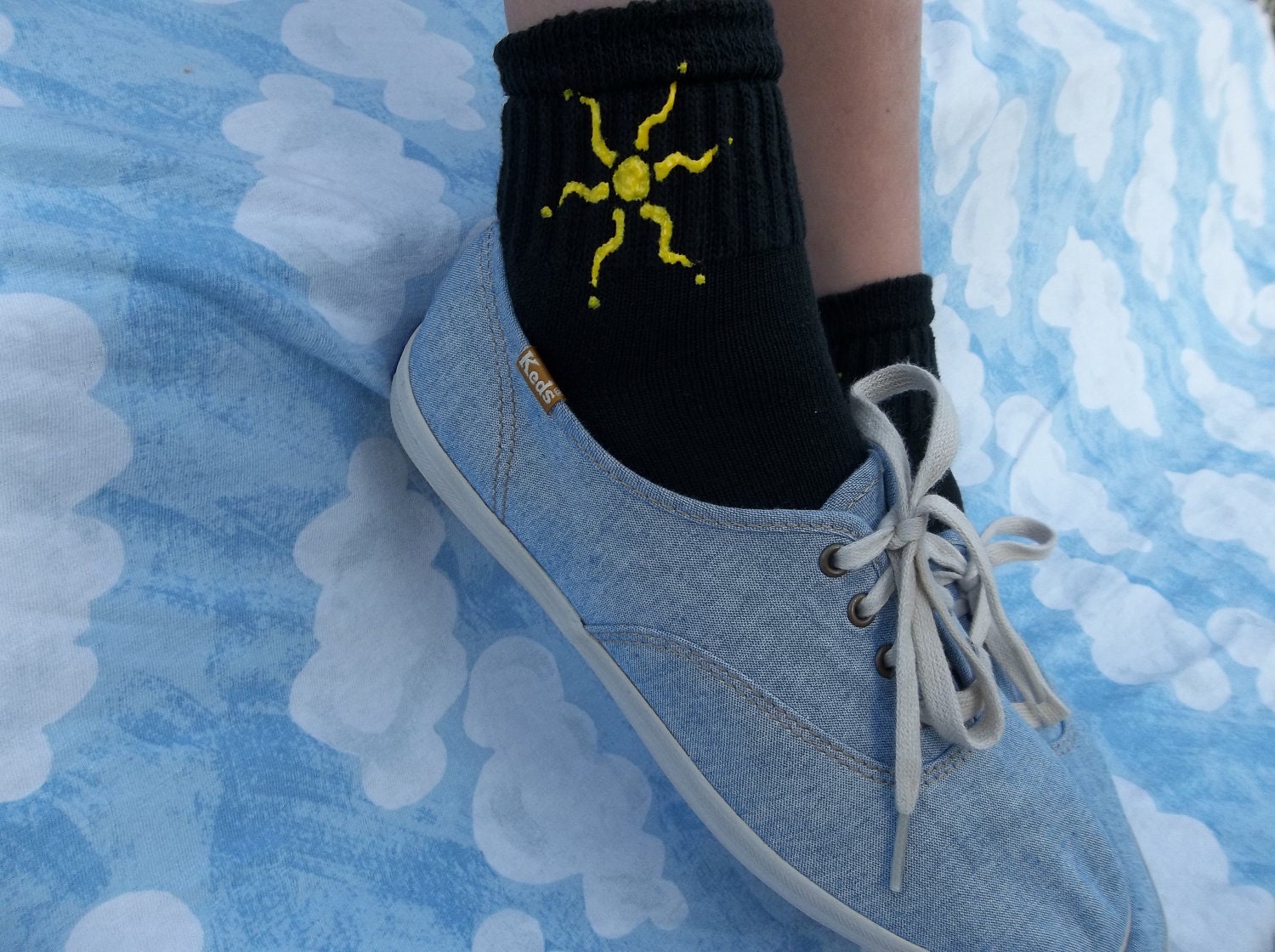 a "Summer Sunshine" - Hand Painted Black Socks for Bigger Feet: Simple Tribal Sun (kid large/xl - women's xs/small)