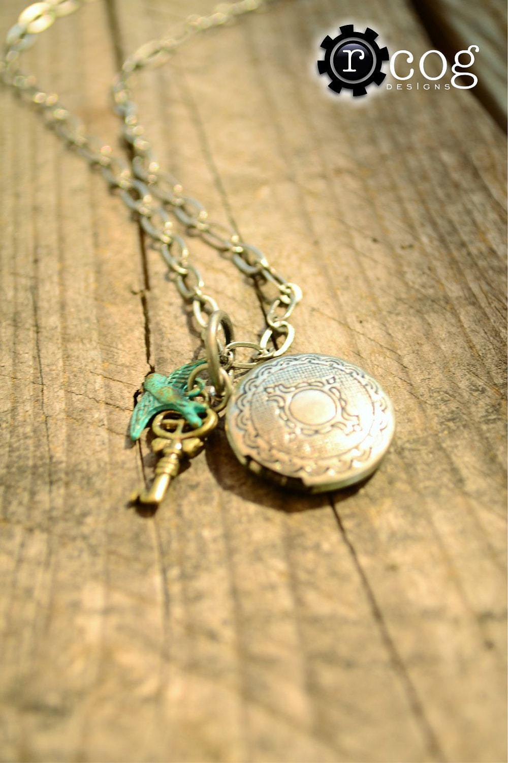 Sweet Little Antique Silver Locket with Patina Bird and Antique Bronze, Silver or Copper Key