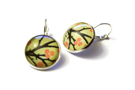Cherry Blossom Earrings, Spring Lever Back Earrings, Pink and Mint Green Jewelry