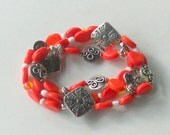 Tangerine Orange Stacked Bracelet Set, Beaded Silver, Stretch Stacking Bracelets, Fashion Jewelry Beads, Free Shipping