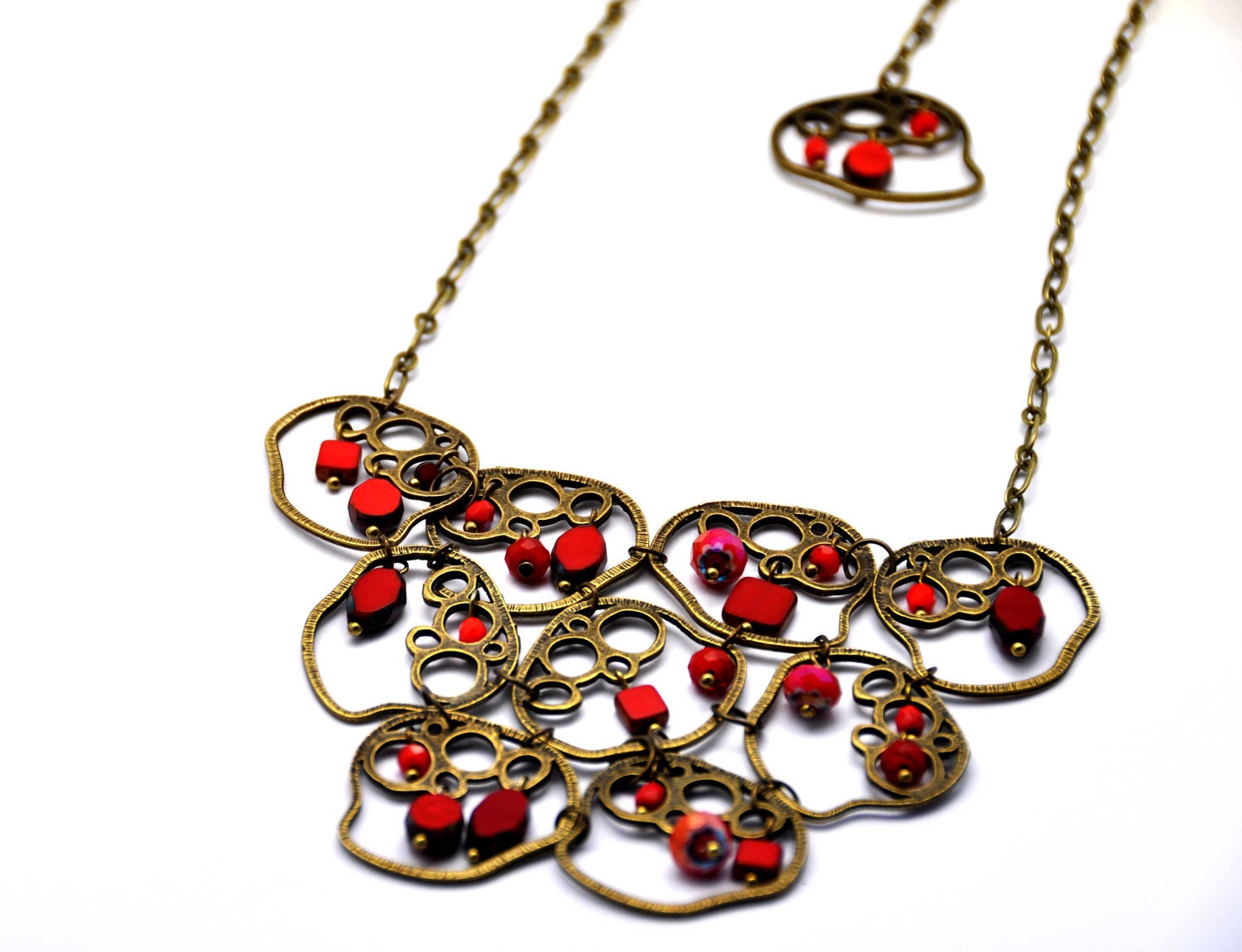 Cranberry delights, necklace made with red czech glass beads, Picasso, opaque, faceted crystals and antiqued brass irregular shapes - BBTAR