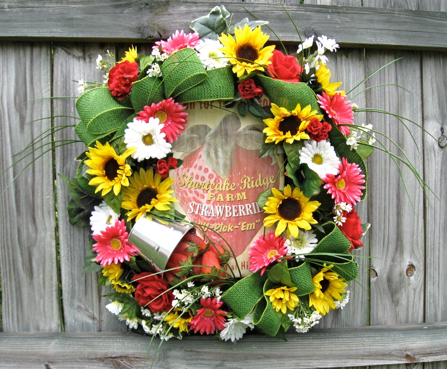 Strawberries in Season Wreath, Sunflowers, Gerbera Daisy, Rose, Pink, Red, Yellow, Large