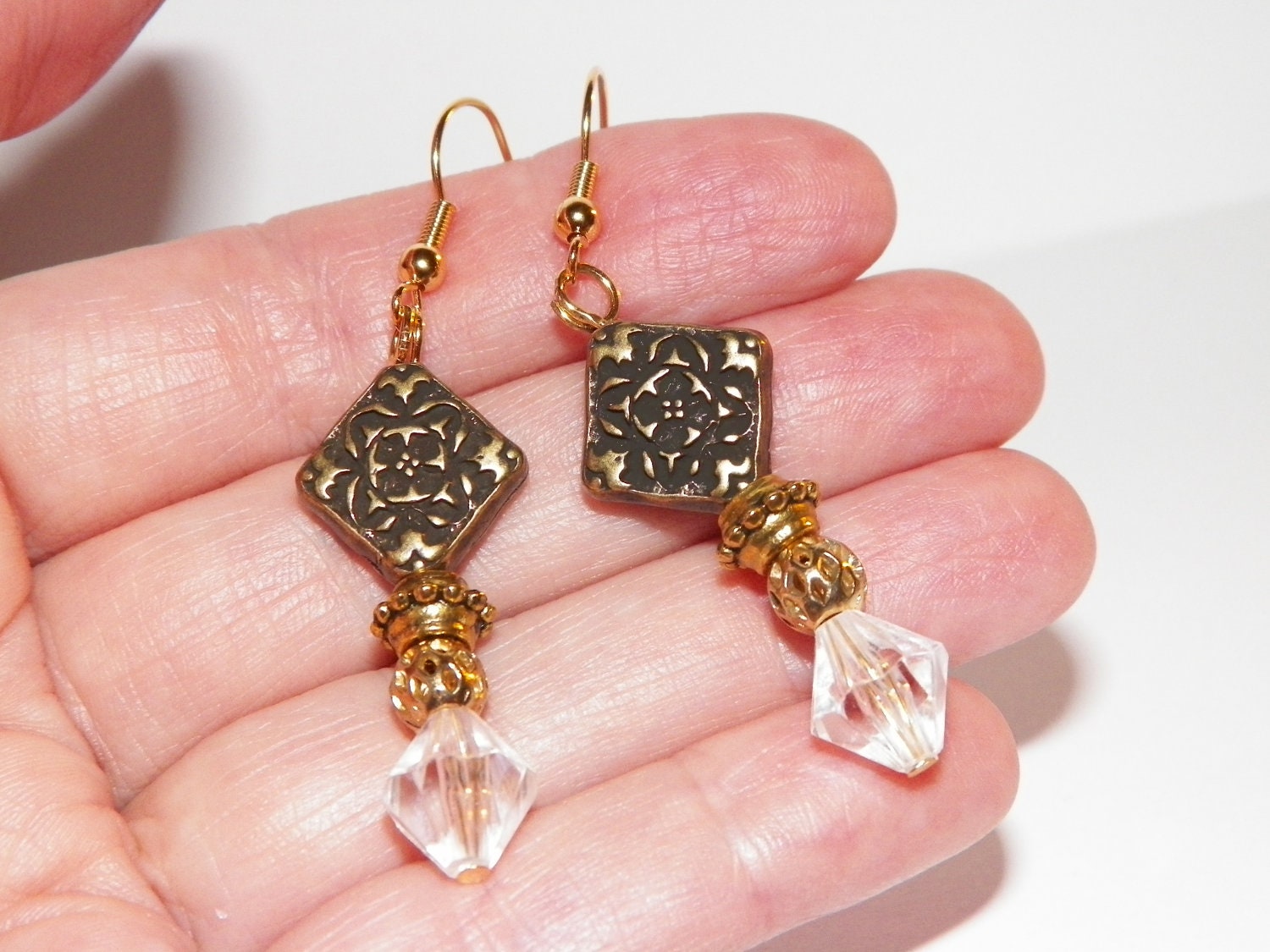 Golden Crystal Filigree Boho Dressy Dangle Earrings