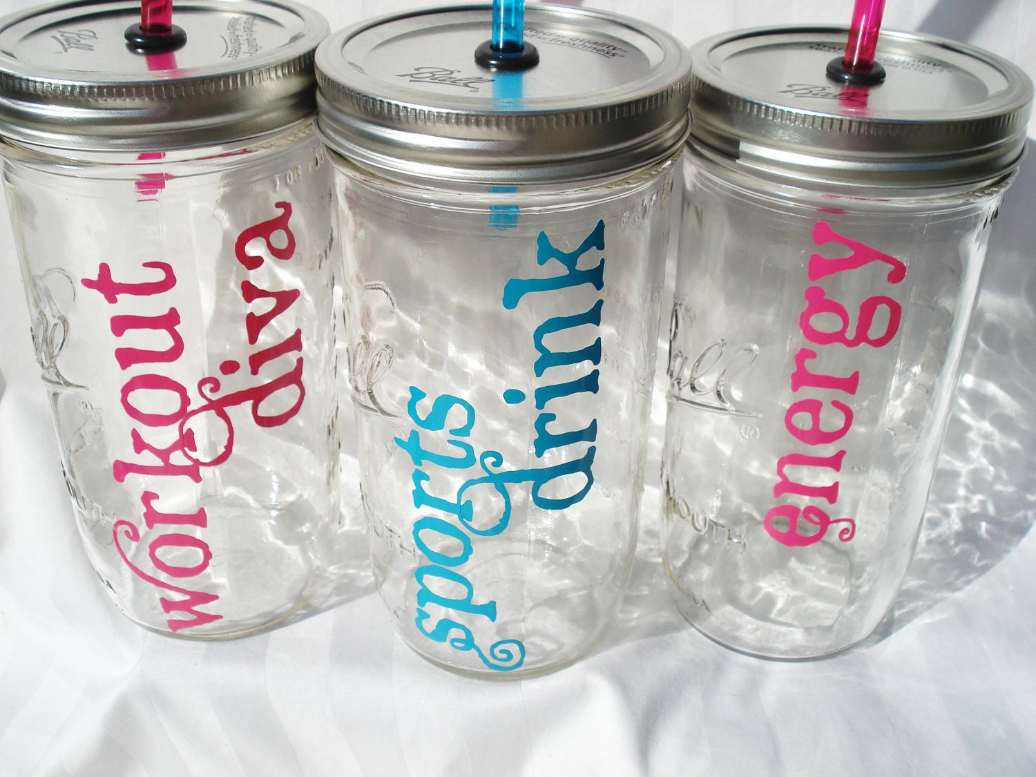 WORKOUT Drink Bottle Portable Glass Mason Jar Drink or Custome Name Personalized Word with  matching BPA Free Reusable Straw ONE 24 oz