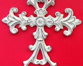 Shabby Chic Distressed White Floral Cast Iron Cross Wall Decor Easter Decor
