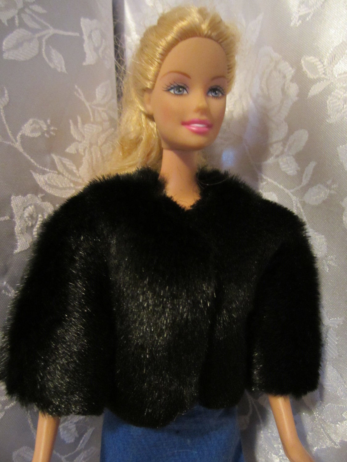 Barbie doll black faux fur jacket coat handmade