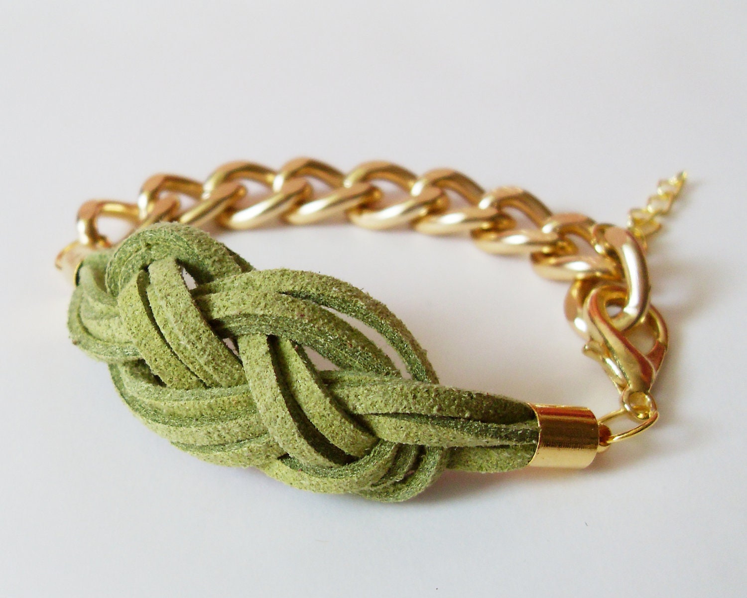 Mint Knot Chain Bracelet - Olive Green Suede Sailor Knot Bracelet with Gold Color Aluminum Chain - Rock and Cool