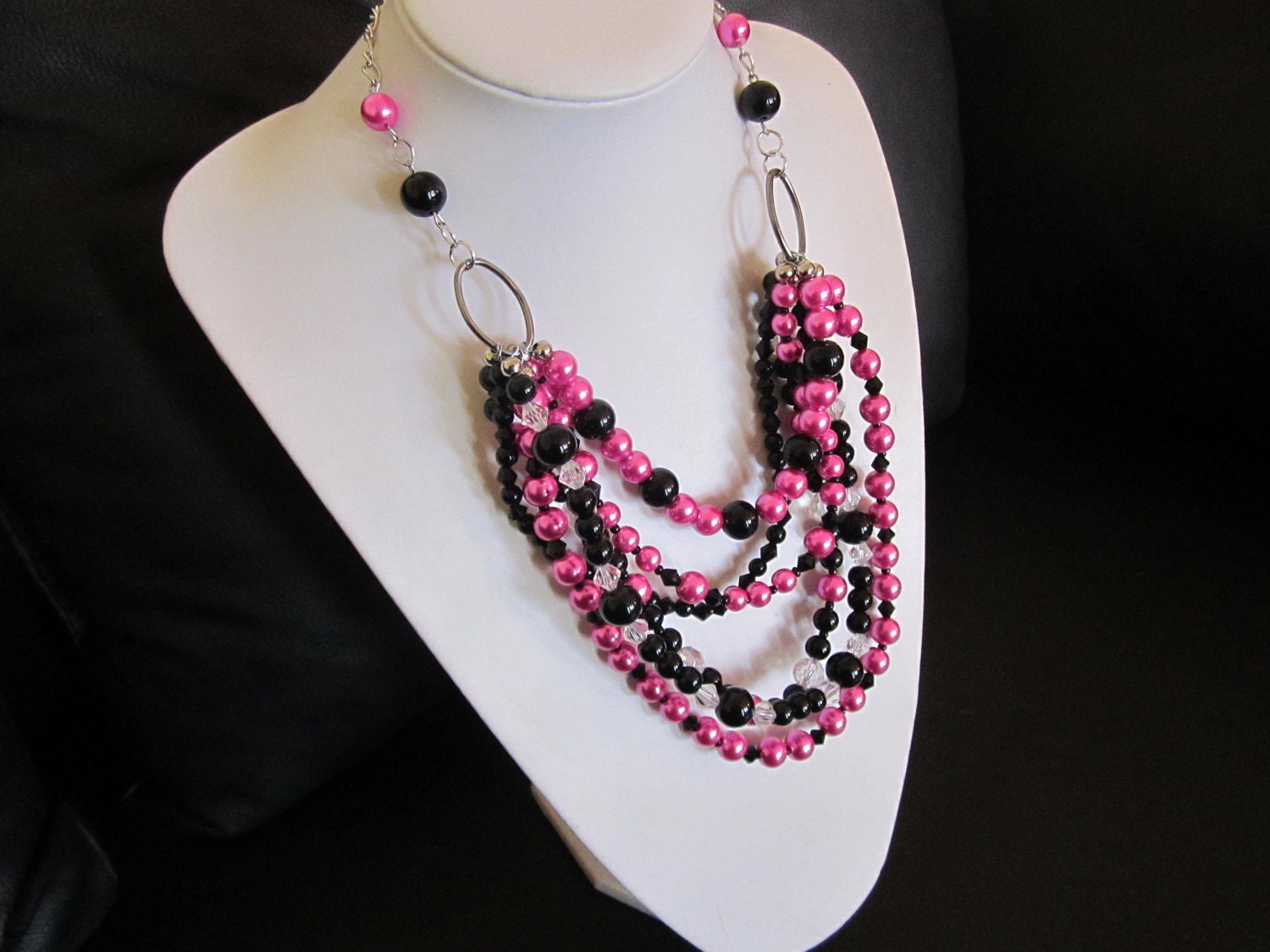 Beaded Statement Necklace, Multi Strand Necklace, Bib Necklace, Crystal Necklace, Bold Statement Necklace, Edgy Necklace, Hot Pink and Black