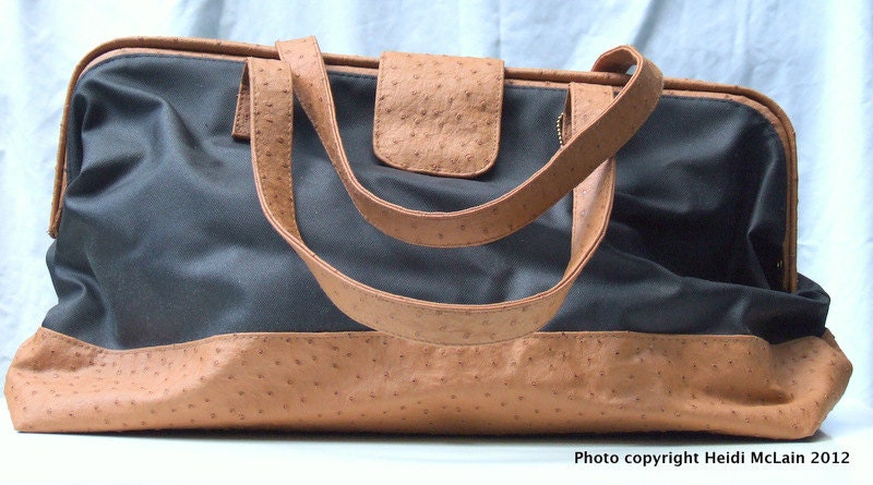 Elizabeth Arden Tan Faux Ostrich  and Brown  Ballistic Nylon Framed Large Tote