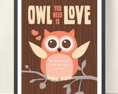 11x14 Owl Wood Pink Wall Art Print