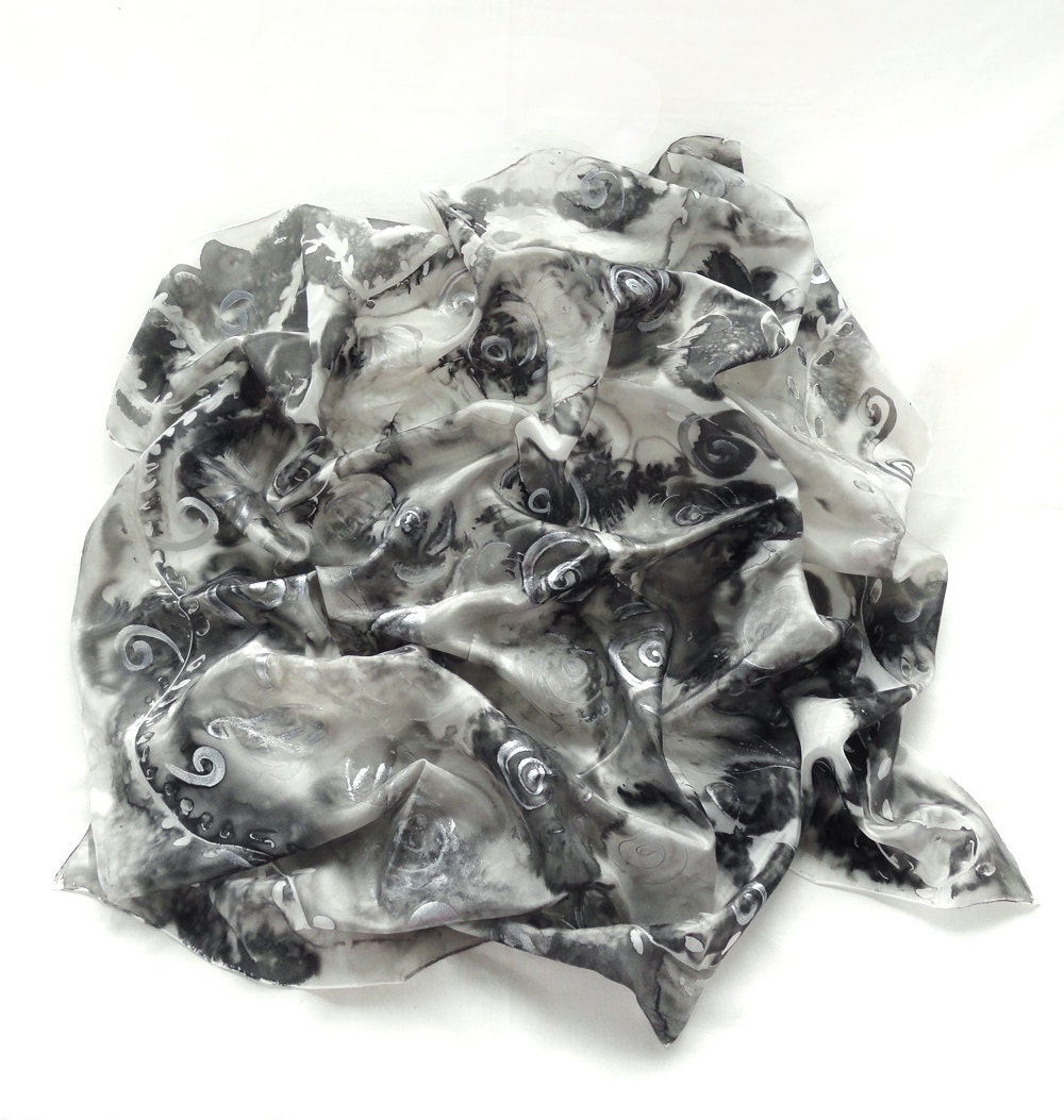Silver square Scarf. Hand Painted Silk Scarf. Hand Dyed Grey Shawl. Black Roses Silk Scarf. 35x35 in. (90x90cm). Ready2Ship.