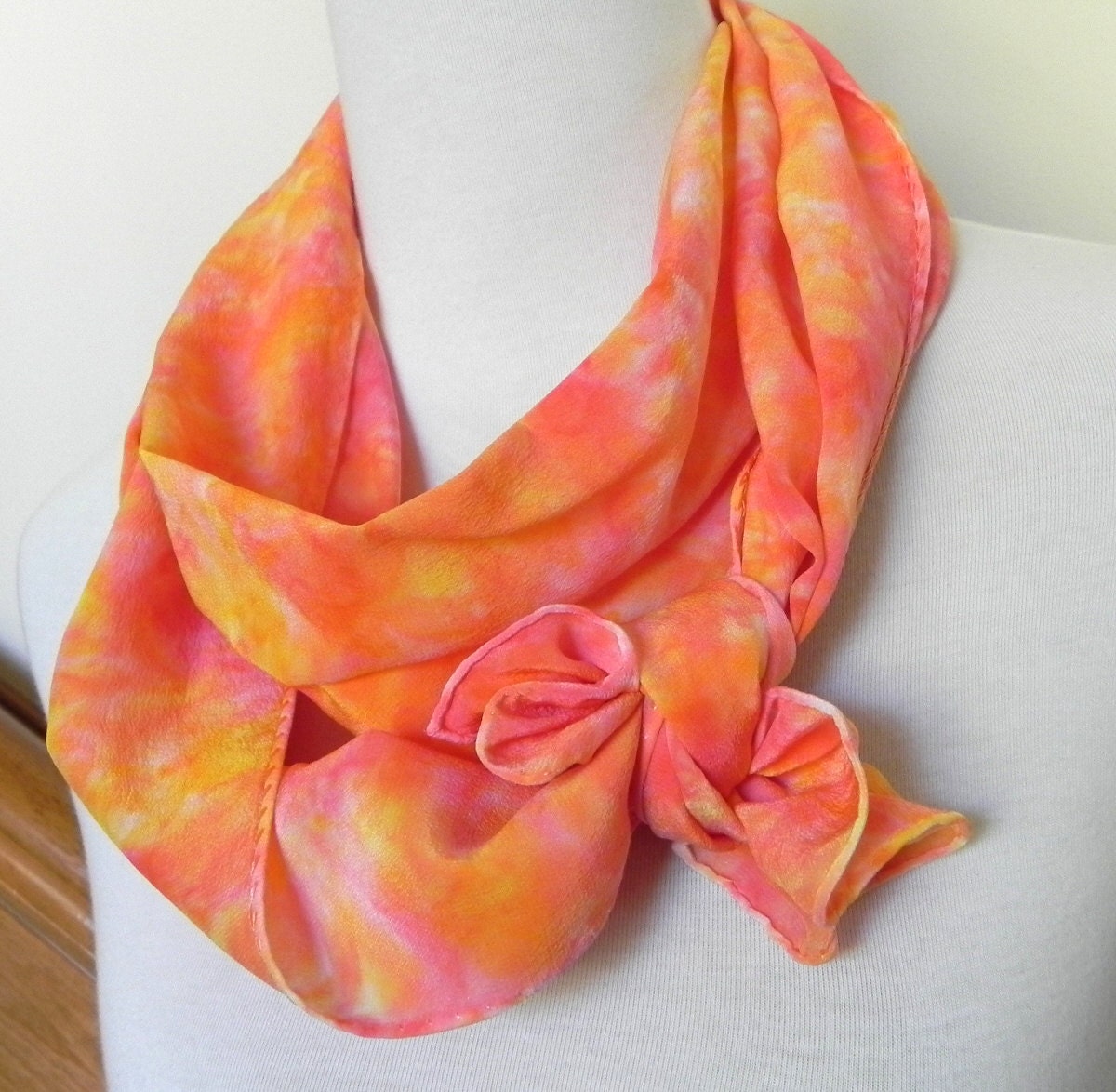 Hand Dyed Long Silk Scarf of Crepe de Chine in Peach, Nectarine, and Golden Yellow, Ready to Ship - RosyDaysScarves