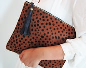 Leopard Print Calf Hair Zipper Pouch Leather Clutch