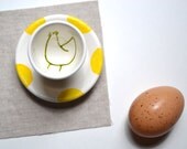Hand Painted Upcycled Small Ceramic Egg Cup with Little Hen Design in Yellow and Green