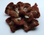 Felted flower brooch, wet felted wool flower, sand and brown