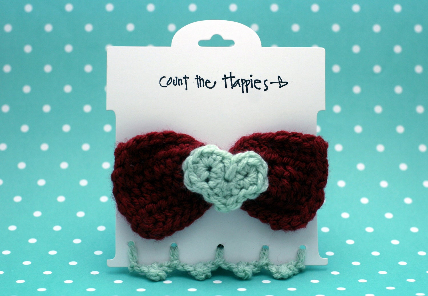 Crochet Bow and Heart Barrette Deep Red and Aqua