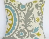 Pillow Cover Grey Blue Green citrine natural Decorative 24x24 suzani throw Pillow Cover same fabric front and back FREE SHIP