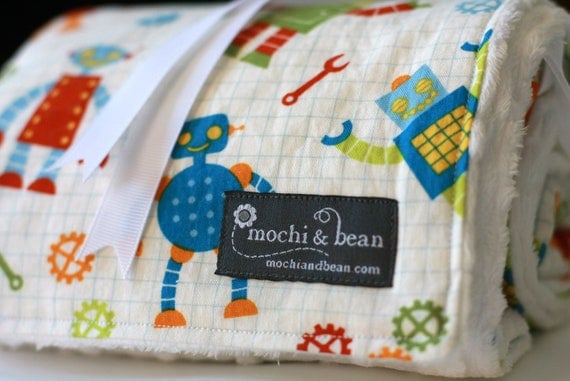 Organic Baby Blanket with Stroller Ties, Robot Factory in Multi by Caleb Gray and White Dot Minky