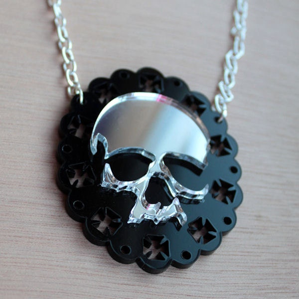 Skull cameo necklace laser cut acrylic by sugarandvicedesigns