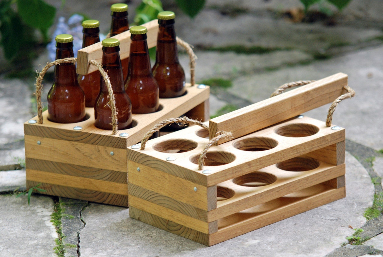 Wood 6-Bottle Beer Carrier-- Homebrew Gift