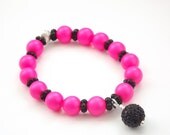 Pearl bracelet stretch bracelet stackable bracelet neon bracelet pink pearls and black pave crystal bead charm bracelet