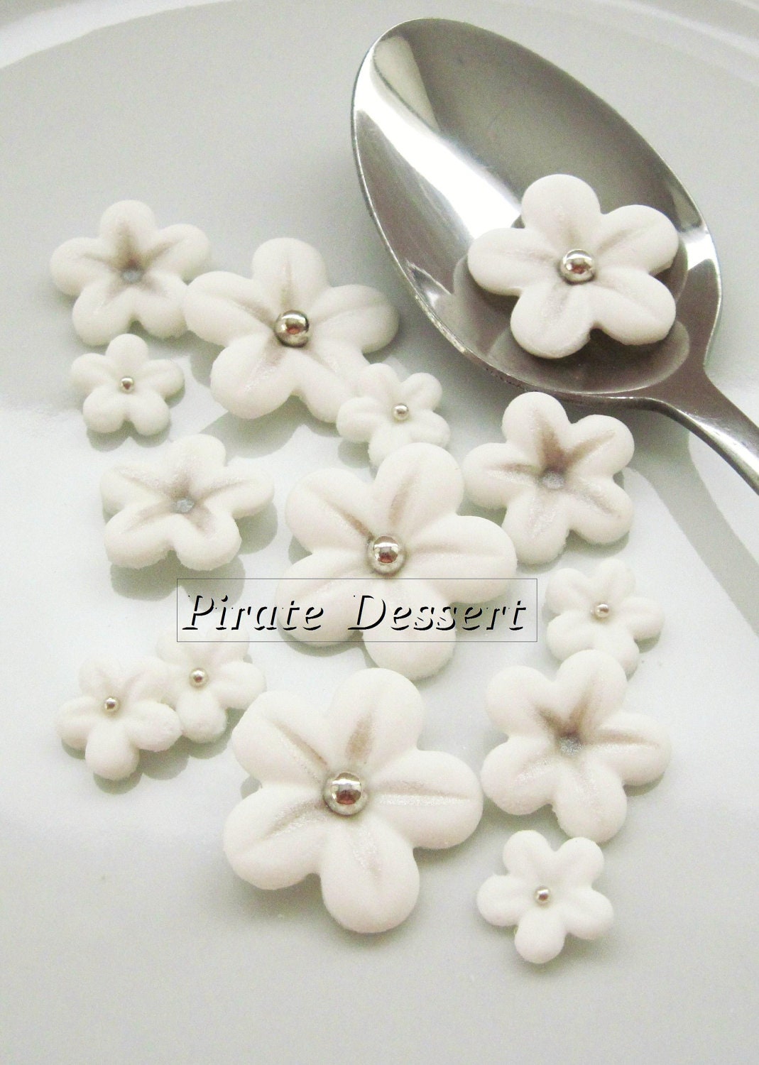 WHITE Sugar Flowers - Assorted size Silver Fondant Blossoms - Edible cake decorations (White and Silver) (24 assorted pieces)
